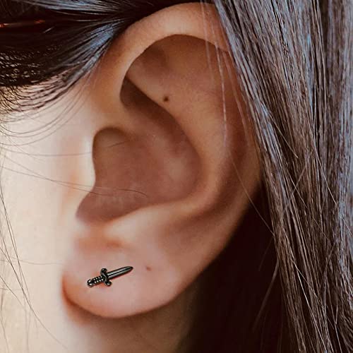 Fiklon Mini Dagger Earrings For Women, Goth Sword Earrings Black Trendy Screw Back Stud Earrings Unique Stainless Steel Cartilage Earrings Gothic Punk Jewelry (Black Dagger) #TOP2
