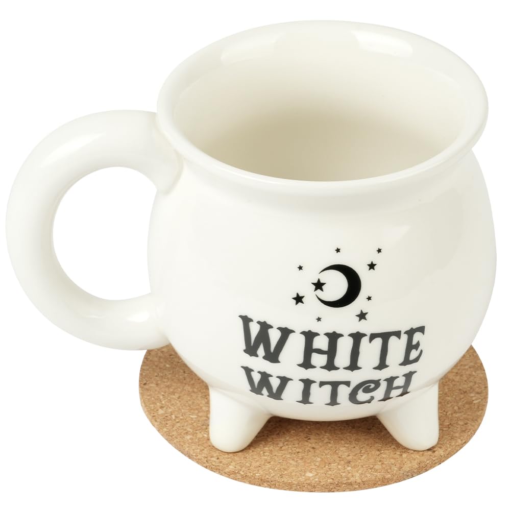 HOTUT Witches Brew Cauldron Mug,Witches Brew Coffee Mug with Coaster,Gothic Tea Cup,Novelty Tea Coffee Soup Cup,Halloween Witchy Mugs,Funny Mugs for Christmas,Halloween,Birthday Presents (White)