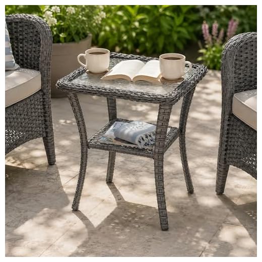 HUMMUH Patio Wicker Side Table Outdoor, Rattan End Table Glass Top Coffee Table with Storage Grey