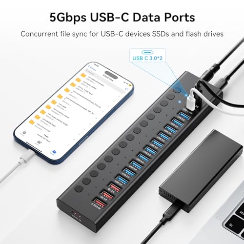Image of Powered USB Hub, AGEEN 16-Port USB 3.0 Hub (10 USB-A 3.0+2 QC 24W Fast Charging+2 Smart Charging+2 USB-C 3.0 Ports), 12V /8A 96W UL Certified Power Adapter for PC, Laptop, HDD, Flash Drive