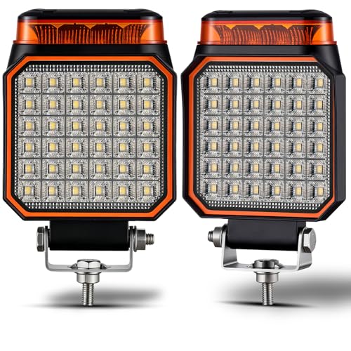 Amber Strobe Light 2-in-1 Emergency Warning & Work Light 150 Wide Flood LED Beacon Light 12-24V Waterproof Safety Flashing Light for Snow Plow Road Construction Worksite Truck ATV Forklift