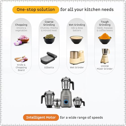 Image of Atomberg Tavi Mixer Grinder |110 V only for US & Canada | Unique Coarse Mode for Silbatta-Like Texture | Intelligent 600W Motor | 4 Jars Including Chopper Jar | Matte Sand Grey