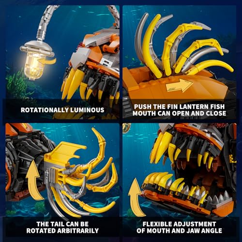 Image of Mechanical Angler Fish Building Set with Light, Creative Ocean Lantern Fish Animal Toy for Home Office Decor, Compatible with Lego Shark, STEM Gift for Adults Teens Boys 8-14+ (1022 PCS)