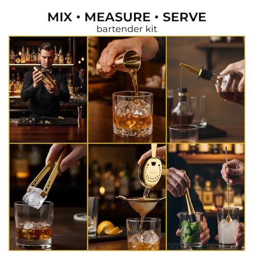 Image of O' Holic by Perch Craft 8-Piece Stainless Steel Bartender Kit|Premium Cocktail Shaker Set with Jigger 30 /60ml, Spoon,Pourer,Ice Tong, & Bar Tools|Professional Bar Set for Home &Tour Parties|Golden
