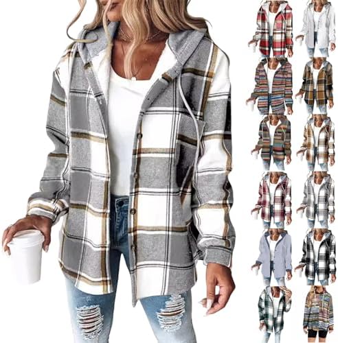 Plaid Jacket for Woman Button Up Color Block Hooded Oversized Jacket Comfort Plaid Y2k Hoodie Fall Jackets Coats