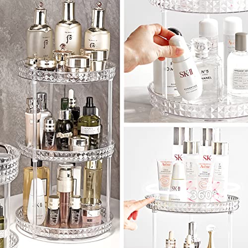 Byfu 3 Tier Rotating Lazy Susan Makeup Organizer, Turntable Clear Diamond Cosmetic Display Storage Tray, Plastic Bathroom Holder Rack For Kitchen, Table, Cabinet, Countertop, Pantry (Clear Diamond) #TOP6