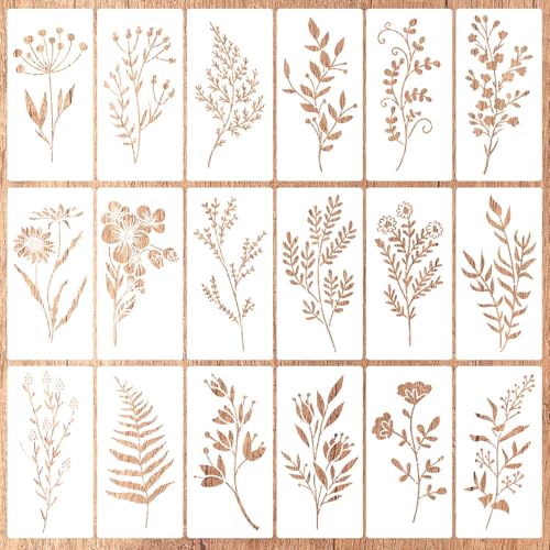 Gosknor - 18pcs Large Wildflower Stencils for Painting, Leaves and Flower Stencil Reusable Botanical Floral Wild Flower Drawing Templates for Wood Craft Canvas Wall Art Furniture Decor
