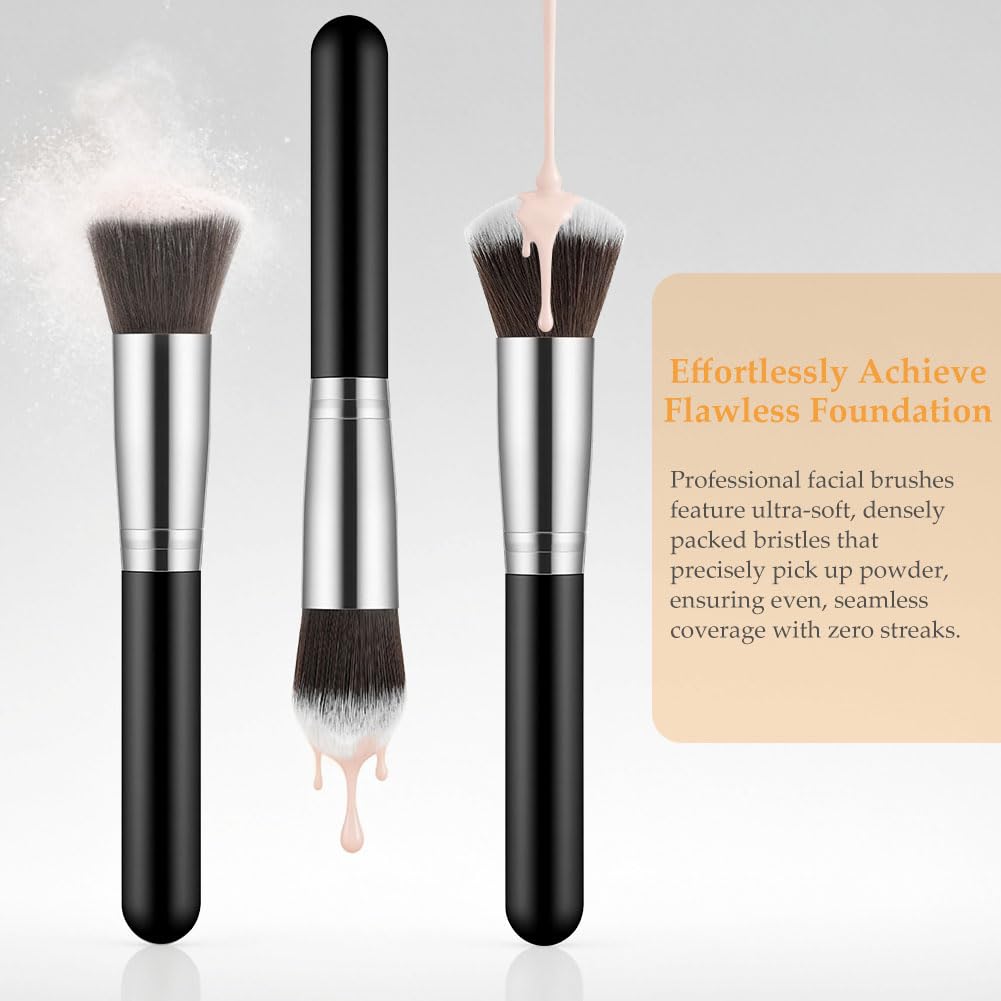 LOPHE Brochas de Maquillaje Profesional, Set 14+3 Piezas Brocha Maquillaje, Pinceles Sintéticos para Cara y Ojos, Cerdas Suaves, Kit Brochas con 2 Soplos de Polvo y Bolsa de Viaje (Negro Plata)