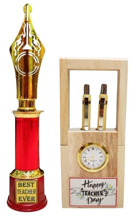 Best Teacher Award || Teacher's Day Trophy and Wooden Pen Stand with Clock-picture-34