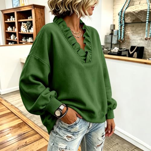 Elneeya V Neck Sweatshirt Women Oversized Ruffled Retro Fall Sweatshirt - image 4