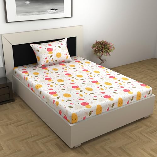 Divine Casa 144 TC Cotton Single Bedsheet with 1 Pillow Cover | Soft Breathable Wrinkle Free Bedsheet for Single Bed | Printed Bed Sheet Set for Bedroom | 145 x 223 cm, Marlin White