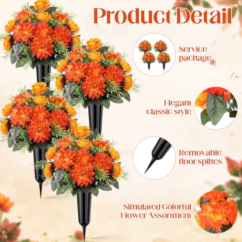 Image of 4 Set Fall Cemetery Flowers for Grave Artificial Dahlia with Vase