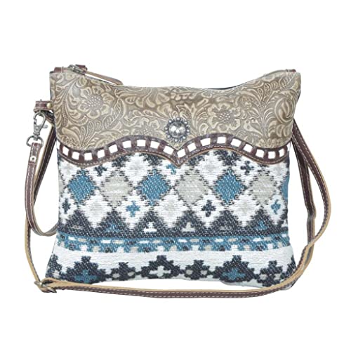 Myra Bag Bolsa vintage Tincture – Carpete, lona e bolsas transversais de couro para mulheres, padrão tribal de tecido e design de couro trabalhado floral, bolsa transversal com alça de ombro ajustável