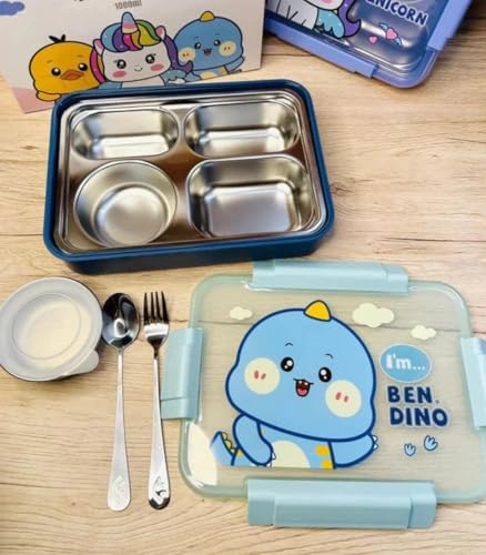 Image of Cartoon Dinosaur Stainless Steel Lunch Box, 4 Compartments with Small Bowl, Spoon and Chopsticks, Insulated Design for School, Office and Travel, Blue