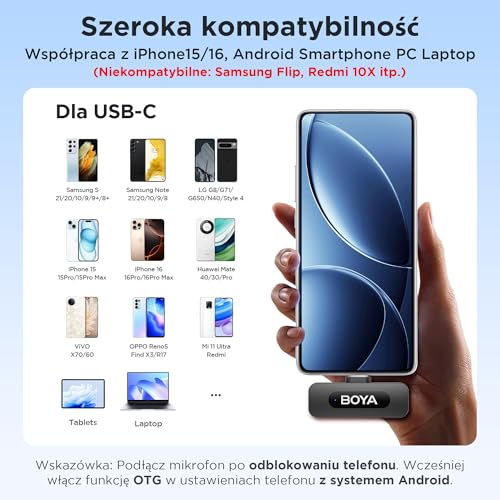 Boya BY-V10 Bezprzewodowy mikrofon USB-C, mini, z redukcją szumów, kompatybilny ze smartfonem z systemem Android, ze złączem typu C, laptopem, do YouTube, podcastów, Facebooka, nagrywania vlogów