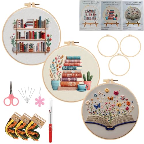 Embroidery Kit for Adults, Pre-Stamped Pattern Embroidery Kit for Beginners, Needlepoint Starter Kit with Hoop Thread Needle Instruction, 7.9'' Hoop (Book Lover 3 Packs) Mother's Day Embroidery Gift
