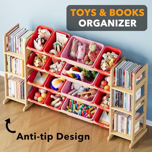 Image of SpaceAid Toy Storage Organizer with 6 Shelves and 16 Bins, Toy Organizers Storage Bookshelf, Kids Bin Shelf Toys Box Bookcase for Bedroom Playroom Organization Room Decor, Red and Pink