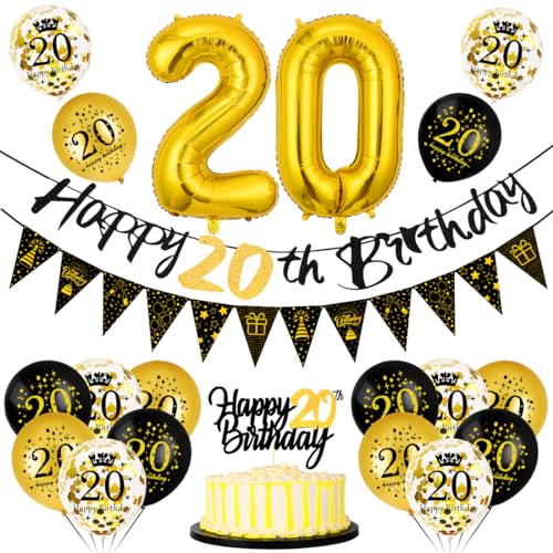 20 Geburtstag Deko Mann Frau Luftballon 20 Geburtstag Schwarz Gold 20 Happy Birthday Banner Wimpelkette Folienballon Zahl 20 Cake Topper Schwarz Gold für 20 Geburtstag Party Dekoration