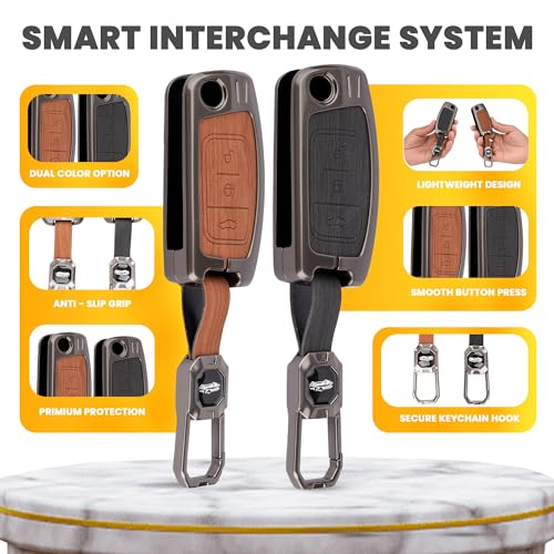 Image of Coll of Fest Premium Metal Leather Key Cover Compatible with Ford Fiesta | Figo | Old Ecosport Flip Key 3 Button Smart Key (2-in-1 Dual Leather Metal (Black & Brown)