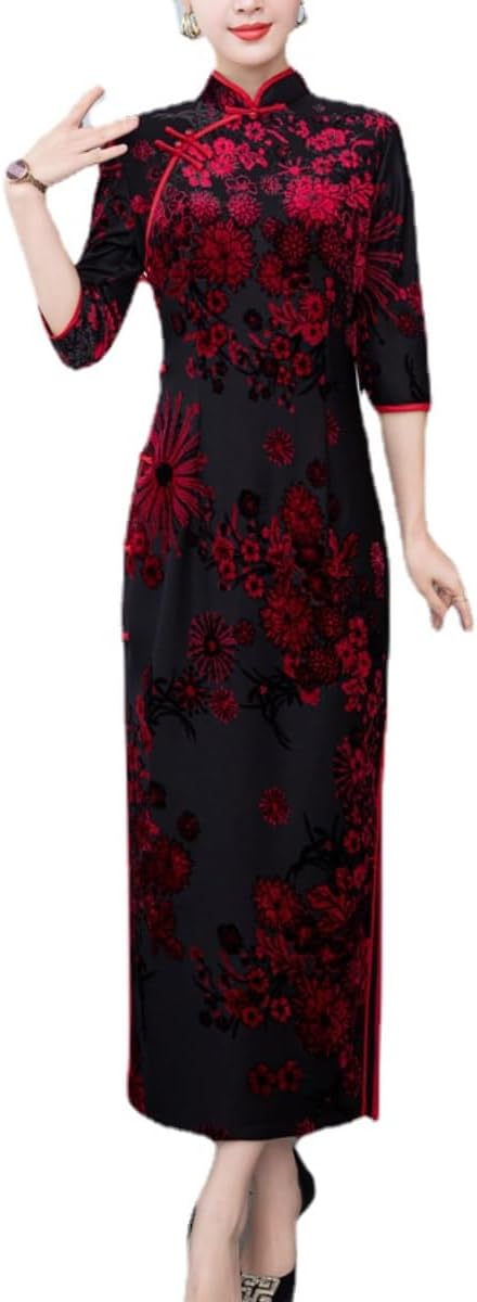 HEARTTOUCH Women's Velvet Chinese Cheongsam Elegant Maxi Qipao Traditional Party Cocktail Dress Frog Buttons Bodycon Dress