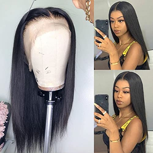 Ambeson Brazilian Human Hair 13X4 Lace Front Wigs Glueless 150% Density 18inch Medium Long Straight Hair for Fashion Women, Human Hair Lace Front Wigs Natural Black Color