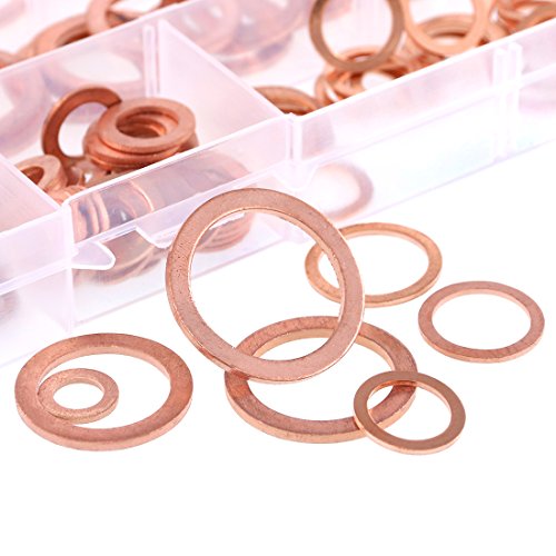 Glarks 165Pcs Metric Flat Ring Copper Sealing Washers Assortment Set - 8 Sizes Of M6 M8 M10 M12 M14 M16 M18 M20 #TOP2