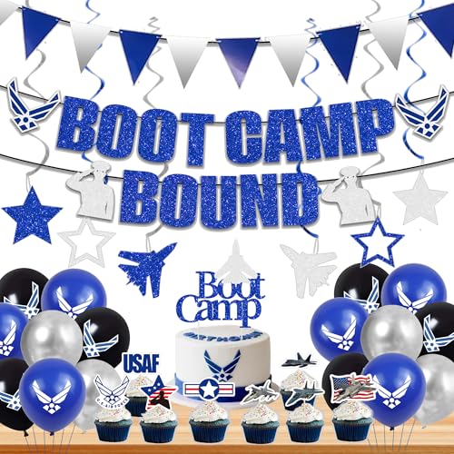Image of Holkcog Air Force Party Decorations, Blue Boot Camp Bound Themed Birthday Banner, Farewell Party Welcome Ceremony, Fighter aircraft Cupcake Decoration, Jet Aircraft Plane Airplane Military Cake Topper