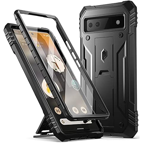 Poetic Revolution Series Case Compatible with Pixel 6A 5G, Built-in Screen Protector Work with Fingerprint ID, Full Body Rugged Shockproof Protective Cover Case with Kickstand, Black Cover