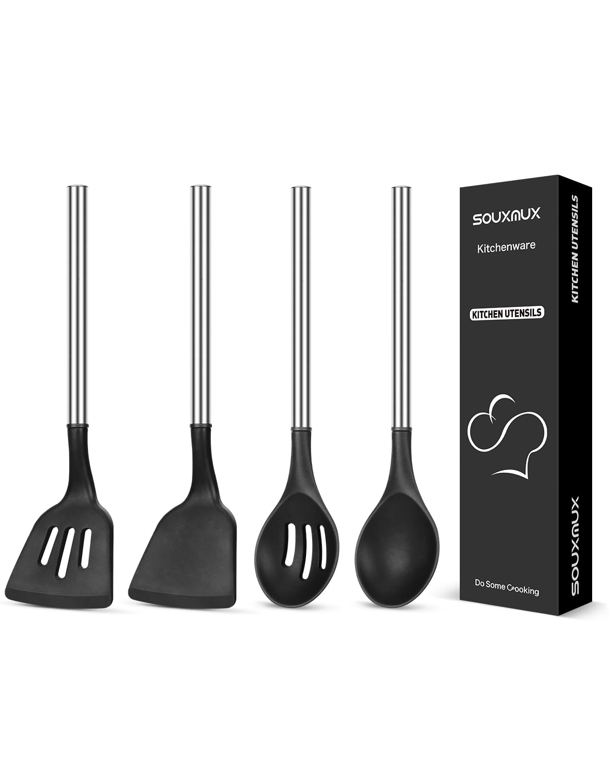 4 Pcs Silicone Kitchen Utensils Set, Wok Spatulas-Slotted Turner-Cooking Spoon-Slotted Spoon, Non-Stick BPA Free Heat-Resistant Basting Stainless Steel Handle Kitchenware for Cooking, Mixing, Serving