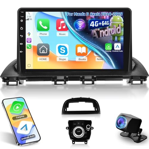 [4+64G] NHOPEEW Car Radio for Mazda 3 Axela 2014-2019 with Wireless Carplay and Android Auto - 9 Inch HD Touchscreen Android Car Stereo - EQ Audio/WiFi/GPS/SWC/Bluetooth + AHD Backup Camera