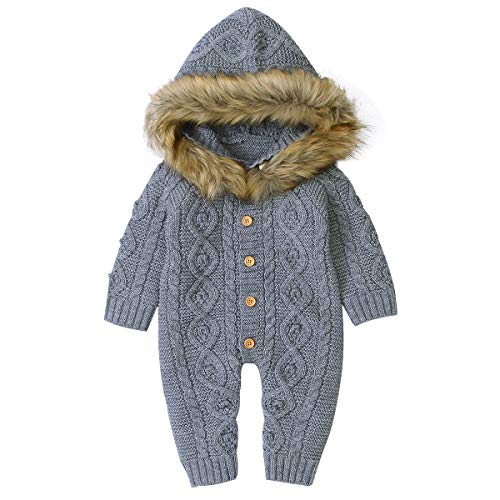 FREEHM Nouveau-né Bébé Oreille Capuche Tricot Barboteuse Combinaison Salopette Combinaison pour Garçons Filles Tricot avec Col en Fourrure à Capuche pour Bébé 0-18 M,Gris,80 Cover
