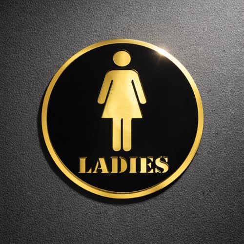 Image of Ladies Round Acrylic Signage Sticker - Self-Adhesive Women Restroom Sign for Office, Storefront, Business & Shop - Premium Black Gold Label for Glass & Smooth Surfaces