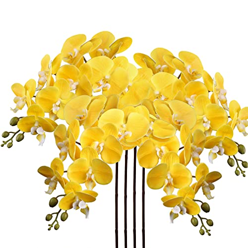 4 Pcs Artificial Orchid Flowers 9 Large Heads of Real Touch Vivid Phalaenopsis Orchid Flower Stem 31.5'' Tall, Artificial Flowers Branches for Home Decor, Office House Decor-Yellow Phalaenopsis