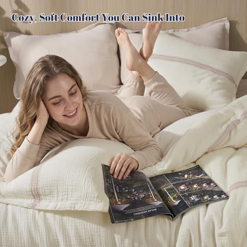 Image of PHF Cotton Muslin Comforter Set Queen - 100% Cotton Cover, Ultra Soft & Breathable, 3PCS Lightweight All-Season Bedding with Polyester Fill, 1 Comforter 90 inchx90 inch & 2 Pillow Shams 20 inchx26 inch, Ivory