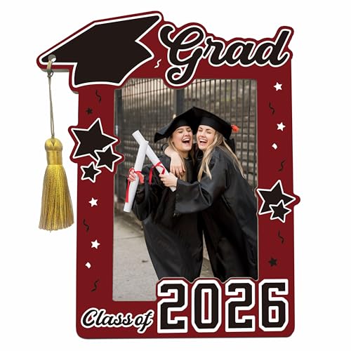 mernutder Class of 2026 Graduation Frame with Tassel - 4x6 Inch Wooden Photo Frame with Commencement Cap Charm, Red Graduate Keepsake Gift for Preschool to College,Graduation Party Decorations -A04