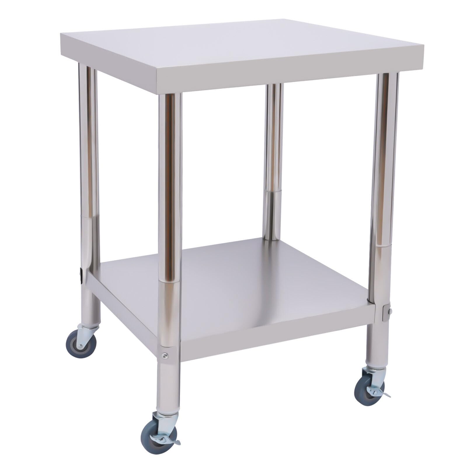 Mesa de cocina, mesa de acero inoxidable, mesa de trabajo, mesa de acero inoxidable, 2 baldas con estante inferior y ruedas, para cocinas, hoteles, panaderías, restaurantes, 60 x 60 x 85 cm