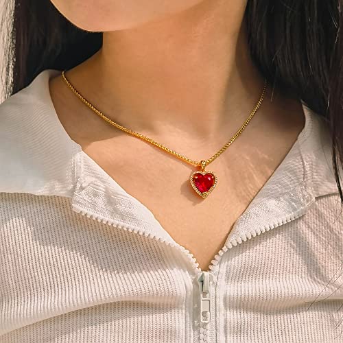 Cowlyn Forever Love Heart Pendant Necklace Simulated Birthstone Crystals Red Love Cubic Zirconia 18K Gold Rope Chain Dainty Charm Birthday Valentine Mother's Day Jewelry For Women Girls #TOP3