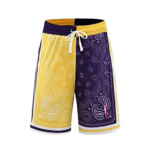 Boomlemon Men's Basketball Shorts Workout Athletic Paisley Shorts Mesh Print Running Short Pants(Purple Yellow S) #TOP1