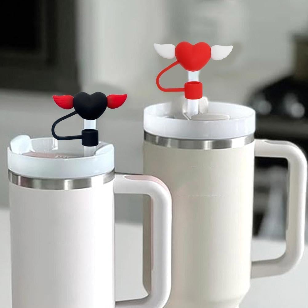 Cute Love Wings Silicone Straw Topper for Stanley 30&40 Oz, Straw Cover Cap,Splash Proof Straw Topper,Reusable Straw Cap Cover,10mm Drinking Straw Tip Covers for Stanle (Pink Heart White Wings) - Image 5