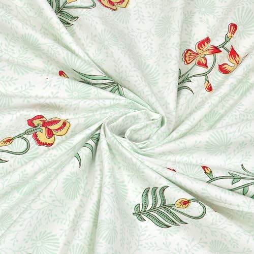 Image of BLOCKS OF INDIA Hand Block Printed 200 TC Cotton King Size Bedsheet (Green RED Flower)