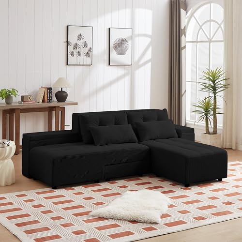 Image of Convertible 3 in 1 Sleeper Sofa, Corduroy Upholstered Couch, L Shaped Couch with Pull out Bed, Pull out Couch, Sleeper Sectional Sofa for Living Room with 4 Storage Space and 4 pillows (Black)