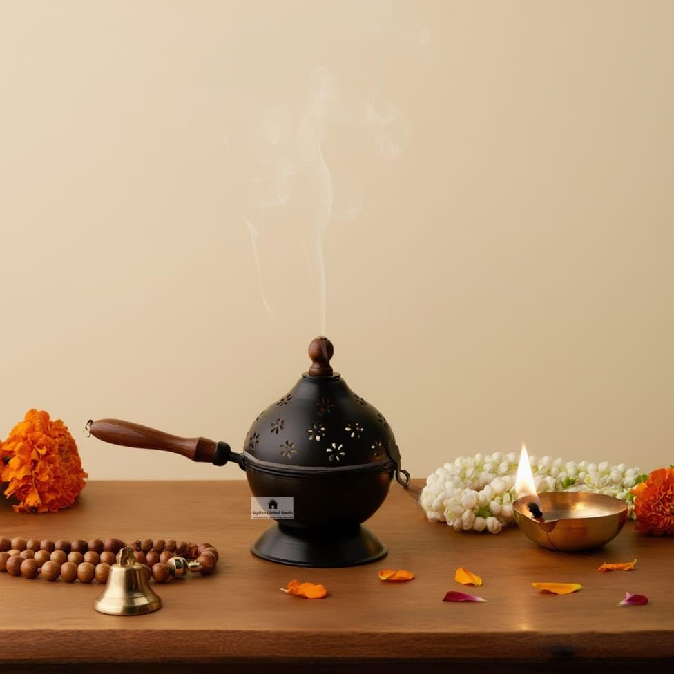 Image of Stylish Metal Dhoop Holder Incense Burner Loban Dani Dhoop Dani Aarti Metal Loban Dhoop Dani /Dhoop Dani Stand Burner for Home Office Temple Puja. (Black)