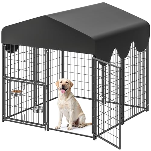 4x4x4.5ft Outdoor Dog Kennel, Metal Heavy Duty Dog Run with Rotating Door & 2 Adjustable Bowls, Dog...