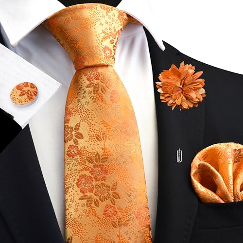 Image of GUSLESON 3.15 inch(8cm) Mens Floral Tie and Lapel Pin Necktie Hankerchief Cufflinks Set for Men