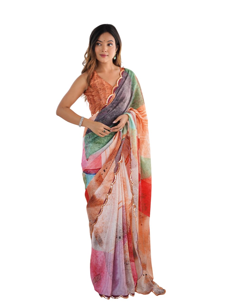 Women's Chinnon Fabric Printed Saree with Beautiful Kutchi Mirror Work Lace Border and Matching Blouse Piece – Saree for women-image-43