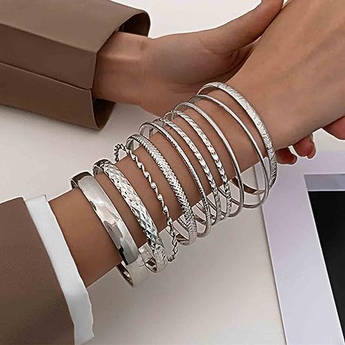 Andelaisi Punk Bangle Bracelet Gold Indian Bangle Bracelets Set Gothic Multi Stackable Wide Banglet Vintage Indian Bollywood Chunky Wide Bangle Bracelets Glossy Textured Bracelets(10PCS)(Gold)2