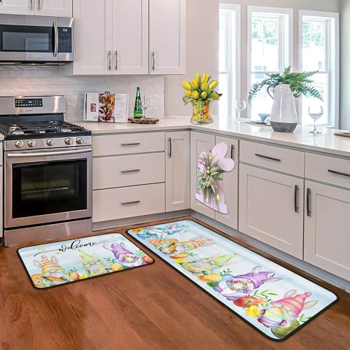 flippana Easter Kitchen Rugs and Mats for Floor Non-Slip Backing Easter Gnome Mat Easter Decorations for Home Welcome Spring Kitchen Rug Sets with Runner (Happy Easter 06 17x47.2+17x30)