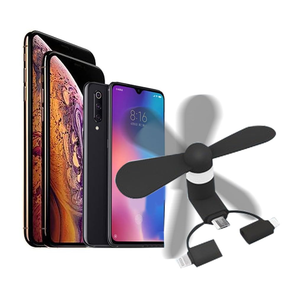 Comioke Wentylator mini do telefonu, wentylator USB, 3 w 1, kompatybilny z iPhone/iPad/smartfonami z systemem Android/tabletem, micro USB/Typem C/Lightn (czarny, 2 szt.)