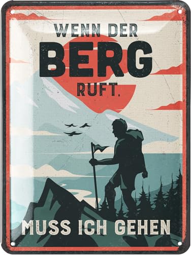 LANOLU Retro Blechschild Wenn der Berg ruft muss ich gehen, vintage Metallschild, Geschenke für Wanderer, Bergsteiger, Dorfkinder, lustiges Sprüche Schild aus Metall, retro Deko, 15x20cm