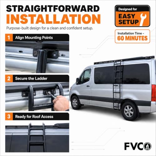 Image of FVC Wheel Wrap Side Ladder for 2007-2026 Low Roof Mercedes Benz Sprinter | Mounts to the Factory Roof Rails, Retains T-Vent or Pop-Out Windows on Driver Side, Seven Gripped Steps